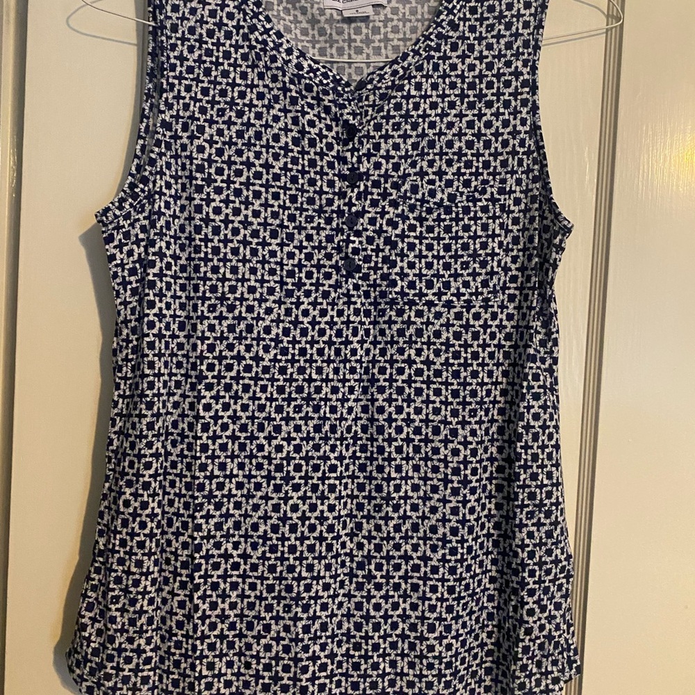 Liz Claiborne Blue & White Buttoned Mandarin Collar Blouse